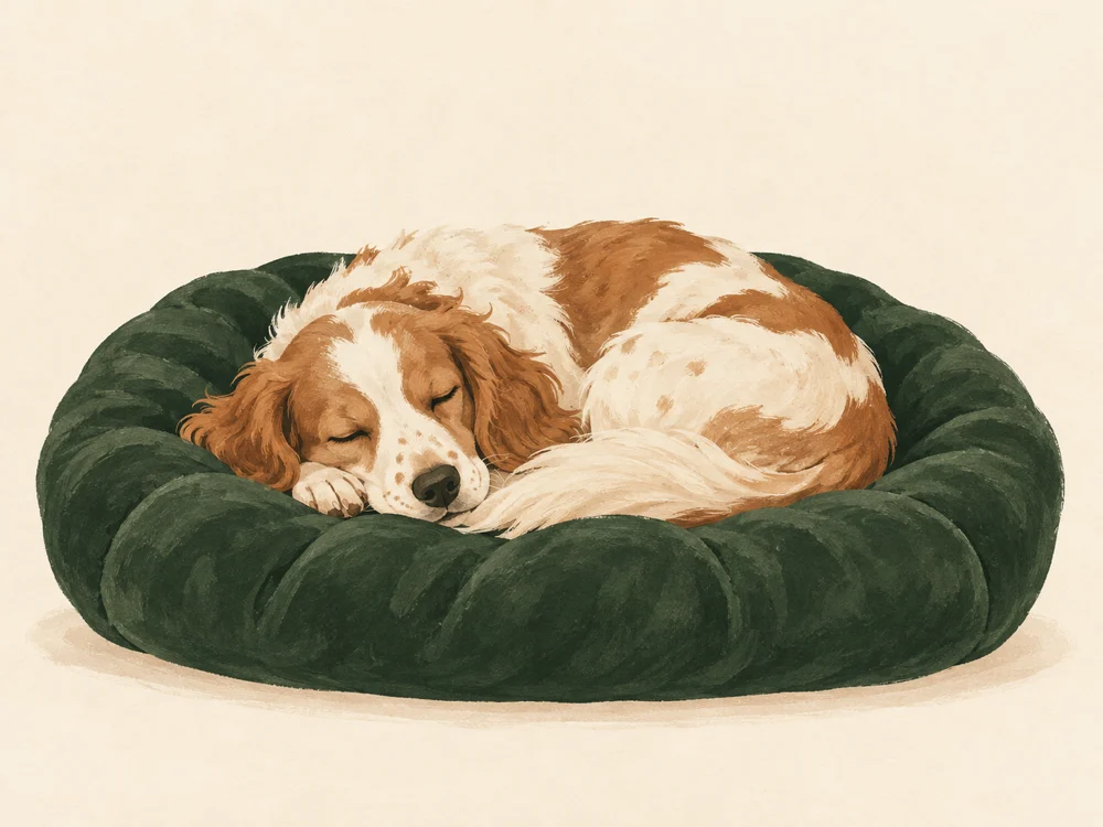 Illustratie van een hond die ontspannen slaapt op een groen kussen